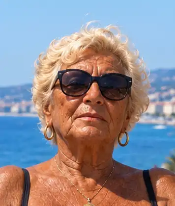 One of the five fictional Mametas, in sunglasses, on the Nice seafront